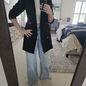 Apricot Black Double-Breasted Long Blazer